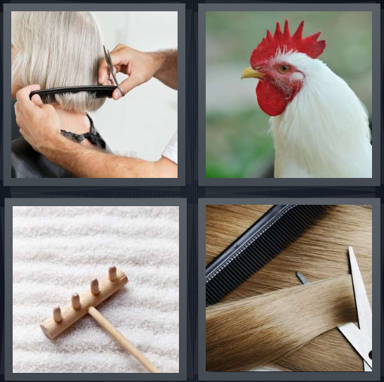 4 Pics 1 Word Answer 4 letters for woman getting haircut, rooster head, rake for Zen garden, scissors cutting hair