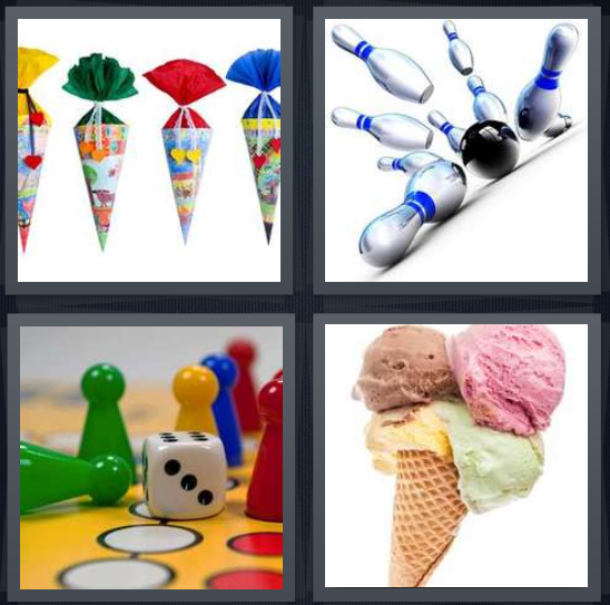 4 Pics 1 Word Answer 4 letters for candy wrapped up, bowling ball hitting pins, game with dice and pieces, ice cream