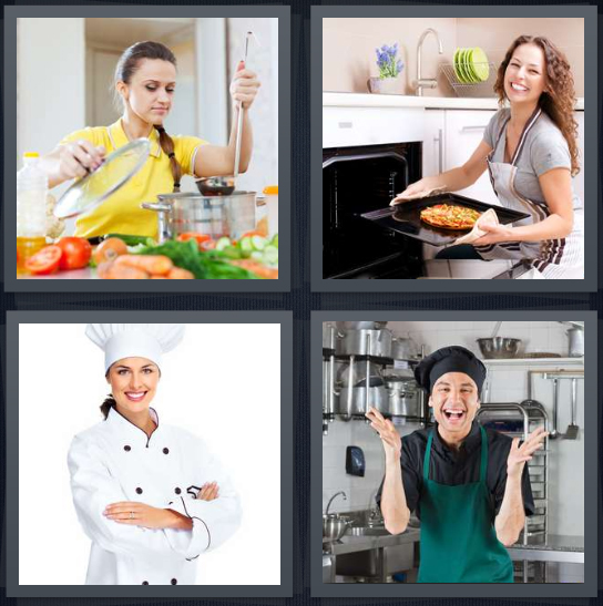 4 Pics 1 Word Answer 4 letters for woman in kitchen, woman pulling pizza from oven, chef with arms crossed, baker in kitchen
