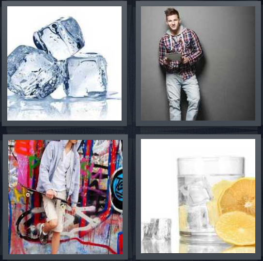 4 Pics 1 Word Answer 4 letters for ice cubes melting, hip man standing against wall, person leaning against graffiti, ice cubes in drink with lemon