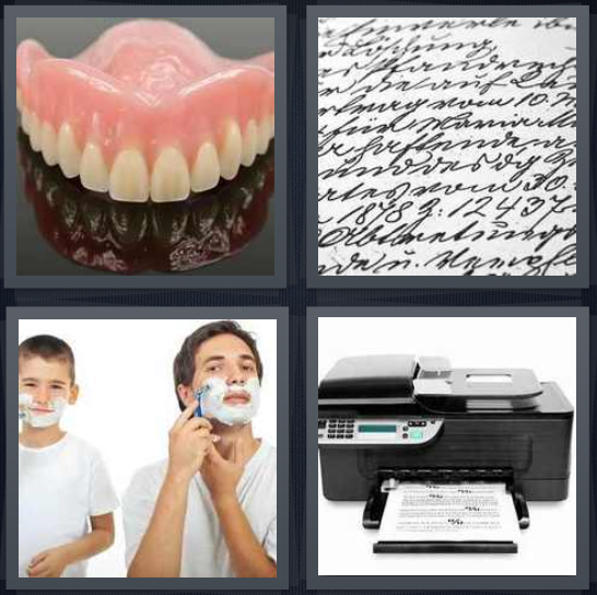 4 Pics 1 Word Answer 4 letters for denture mold, cursive handwriting, boy watching dad shave, printer