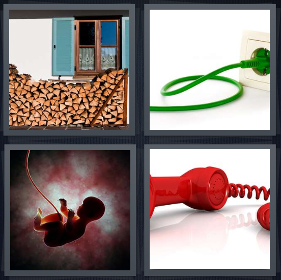 4 Pics 1 Word Answer 4 letters for stack of wood outside house, green plug, fetus with umbilical, red phone