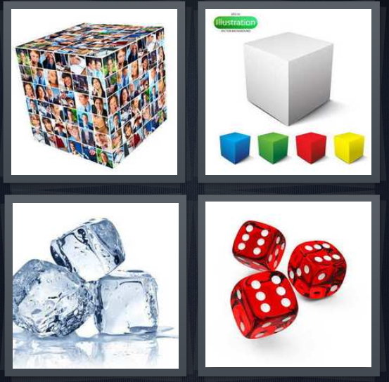 4 Pics 1 Word Answer 4 letters for photo box, illustration of white box and small colored boxes, ice, red dice with sixes