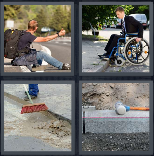 4 Pics 1 Word Answer 4 letters for man hitchhiking on side of road, man in wheelchair at edge of sidewalk, broom sweeping edge of sidewalk, tools in archeological dig