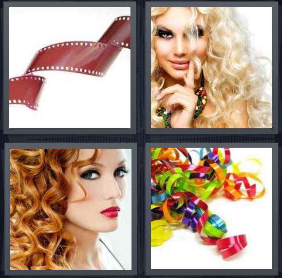 4 Pics 1 Word Answer 4 letters for film strip, woman with blond hair, redhead with ringlets, ribbon for wrapping presents