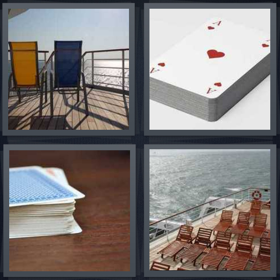 4 Pics 1 Word Answer 4 letters for sundeck on ship, Ace of hearts, cards, chairs on cruise