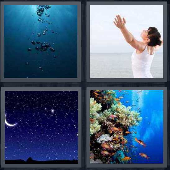 4 Pics 1 Word Answer 4 letters for undersea blue, woman wearing white at edge of ocean, stars and moon, coral with tropical fish