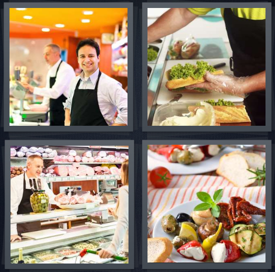 4 Pics 1 Word Answer 4 letters for server wearing black apron, buffet server, man behind counter, picnic foods