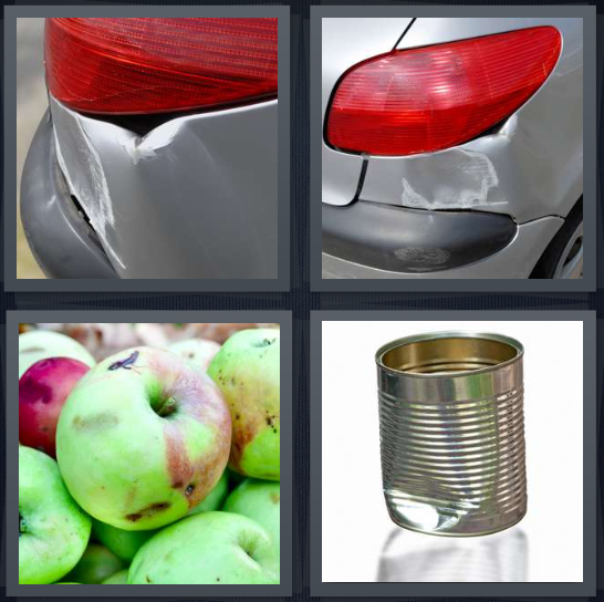 4 Pics 1 Word Answer 4 letters for fender bent, bumper crash, rotten apple, busted can
