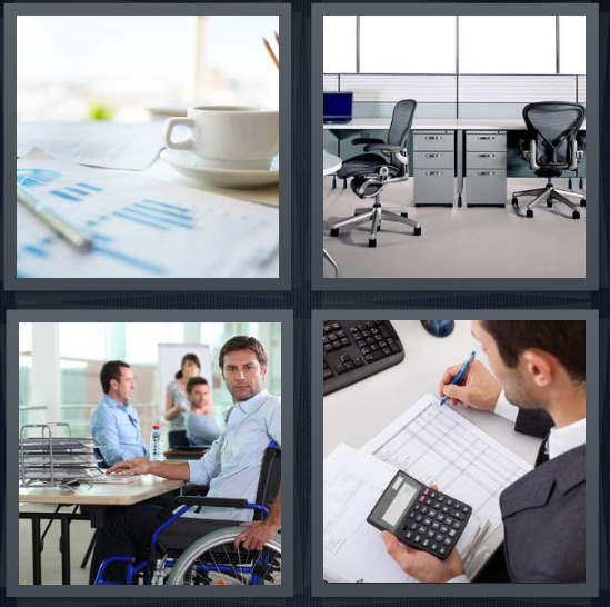 4 Pics 1 Word Answer 4 letters for paperwork with coffee, work space, man at desk seated, man calculating work while seated