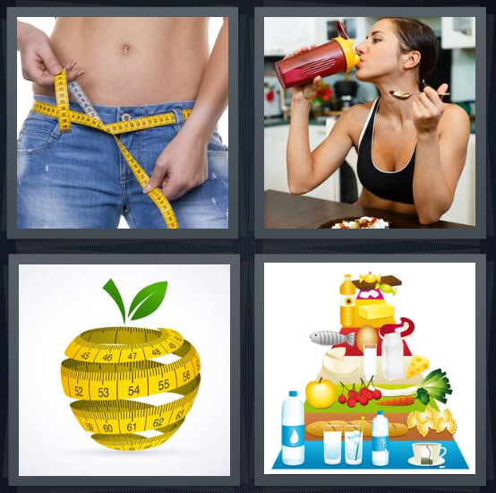 4 Pics 1 Word Answer 4 letters for skinny woman wearing jeans, woman in exercise clothes eating, apple made of tape measure, food pyramid