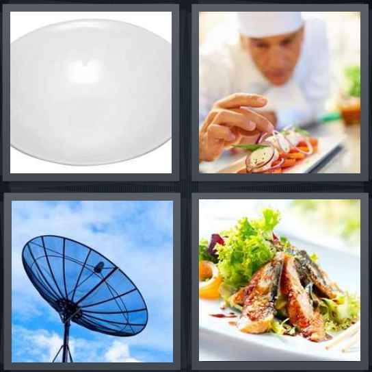 4 Pics 1 Word Answer 4 letters for white plate on white background, chef preparing plate, satellite on roof for TV, restaurant dinner