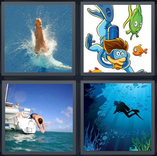 4 Pics 1 Word Answer 4 letters for woman swimming, cartoon scuba divers, man jumping into ocean, person paddling underwater