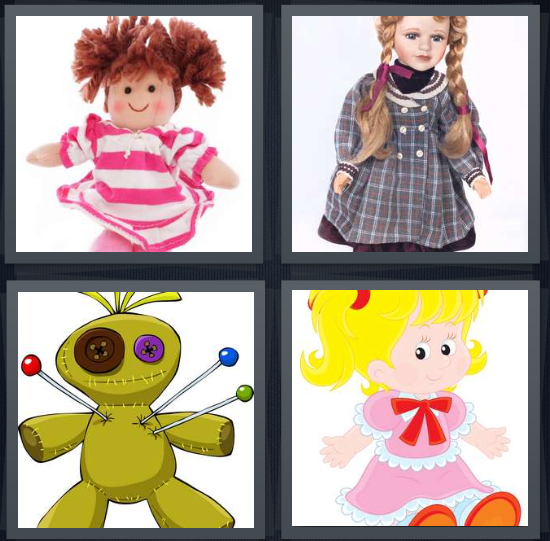 4 Pics 1 Word Answer 4 letters for stuffed girl, porcelain girl with braids, cartoon voodoo pins, cartoon girl with blond hair