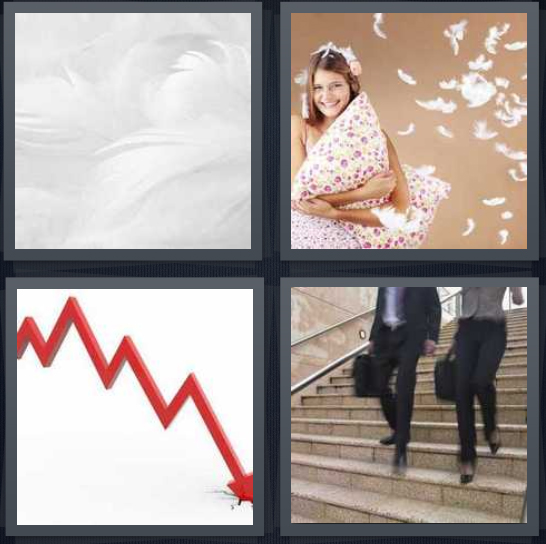 4 Pics 1 Word Answer 4 letters for white feathers, woman with pillow after pillow fight, chart with downward arrow, man and woman walking on stairs
