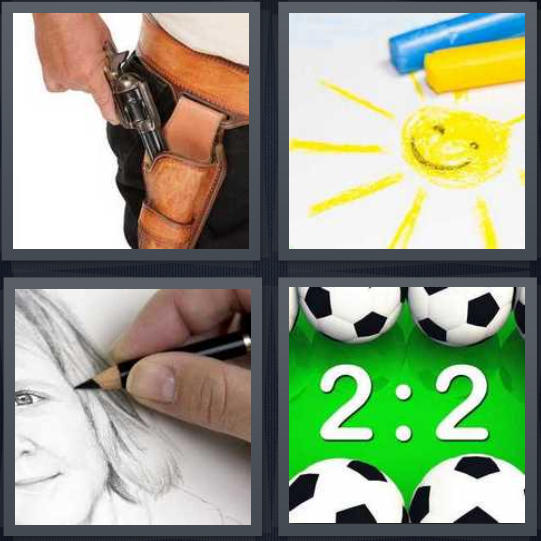 4 Pics 1 Word Answer 4 letters for man pulling gun from hip holster, child sketch of sun with yellow and blue crayons, artist with pencil, soccer game tie