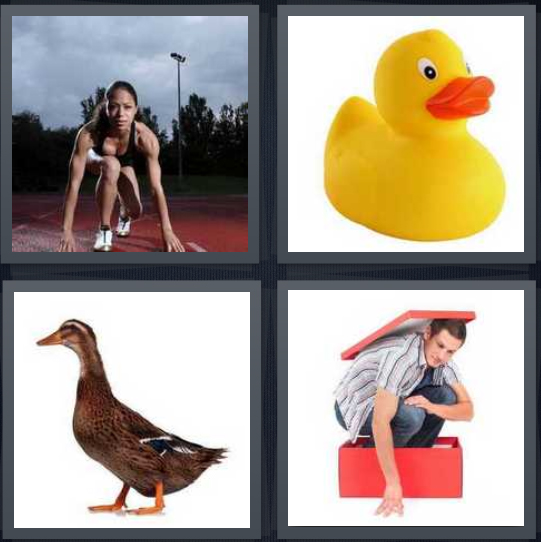 4 Pics 1 Word Answer 4 letters for woman getting ready to run race, rubber bath toy, mallard on white background, man crouching in red box