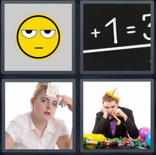 4 Pics 1 Word Answer 4 letters for emoticon frown face, simple math on blackboard, bored woman, bored man at party