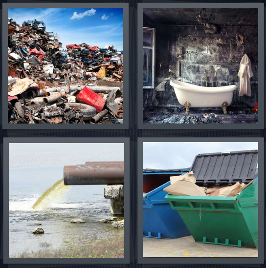 4 Pics 1 Word Answer 4 letters for trash heap, antique tub, pollution going into ocean, full blue and green dumpsters