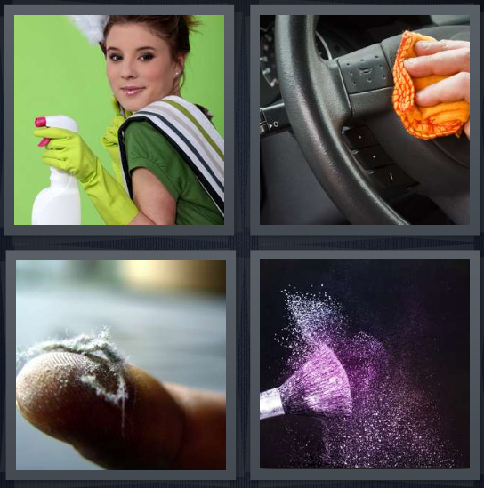 4 Pics 1 Word Answer 4 letters for maid with squirt bottle, person cleaning steering wheel, lint on index finger, blush brush