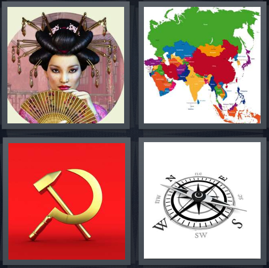 4 Pics 1 Word Answer 4 letters for geisha on pink background, map of world, communist sickle, compass