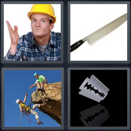 4 Pics 1 Word Answer 4 letters for construction worker with yellow hardhat, knife blade, climbing on rock face, razor blade