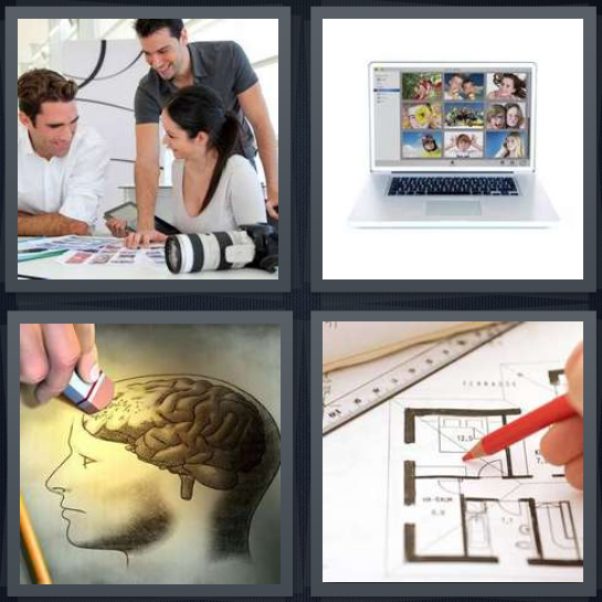 4 Pics 1 Word Answer 4 letters for photographers looking through photos, laptop open to photos, brain drawing being erased, architecture sketch