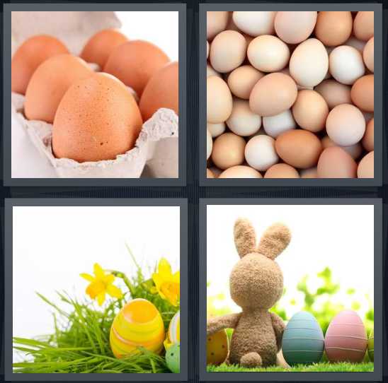 4 Pics 1 Word Answer 4 letters for carton of hen, taken from chicken coop, yellow Easter, stuffed rabbit with pastels