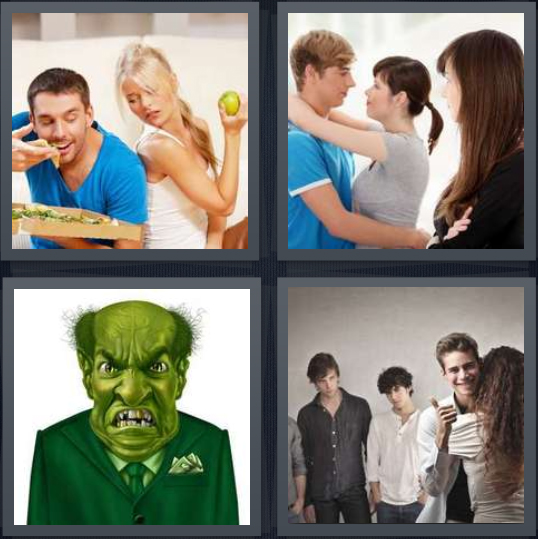 4 Pics 1 Word Answer 4 letters for woman on diet wants pizza, girl jealous of girl with a boy, green monster cartoon, girl with boyfriend