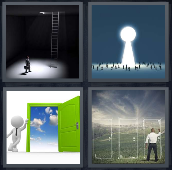 4 Pics 1 Word Answer 4 letters for ladder in spotlight, light coming through keyhole, cartoon door opening to blue sky, imaginary portal on field