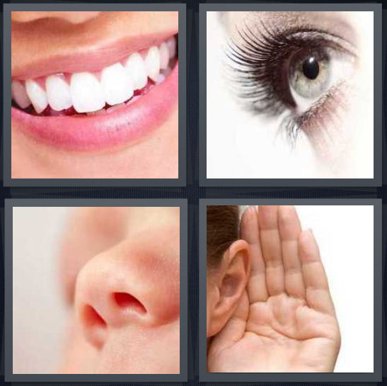 4 Pics 1 Word Answer 4 letters for lips smiling with teeth, eyeball with eyelashes, baby nose, woman with hand up to ear