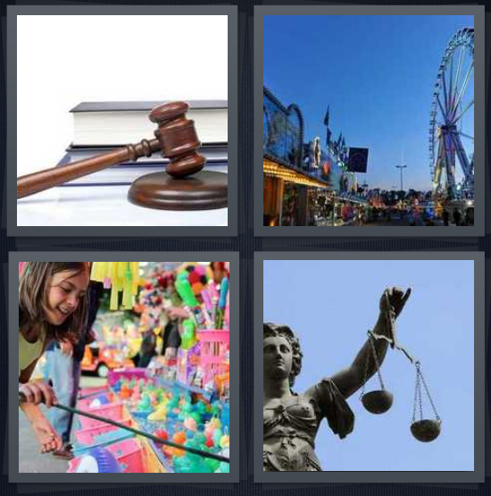 4 Pics 1 Word Answer 4 letters for judge gavel with books, ferris wheel, girl playing game at carnival, symbol of justice statue