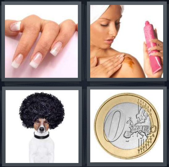 4 Pics 1 Word Answer 4 letters for French manicured nails, woman with tanning lotion, dog wearing afro, counterfeit Euro coin