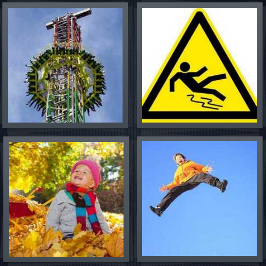 4 Pics 1 Word Answer 4 letters for ride at amusement park, yellow caution sign, children in leaves in autumn, boy coming down from high jump