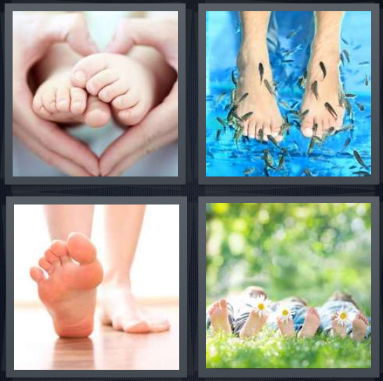 4 Pics 1 Word Answer 4 letters for baby feet in parent hands, fish eating skin from toes, barefoot walking, laying in grass with daisies