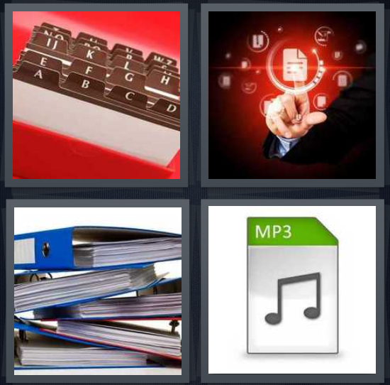4 Pics 1 Word Answer 4 letters for folders on red background, computer with hand, binders with paper, MP3 file with music note