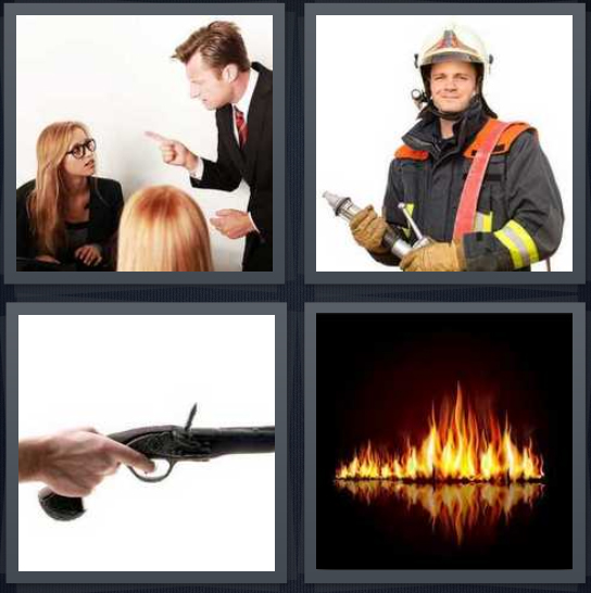 4 Pics 1 Word Answer 4 letters for boss terminating employee, fireman in uniform, gun being shot, blaze with reflection