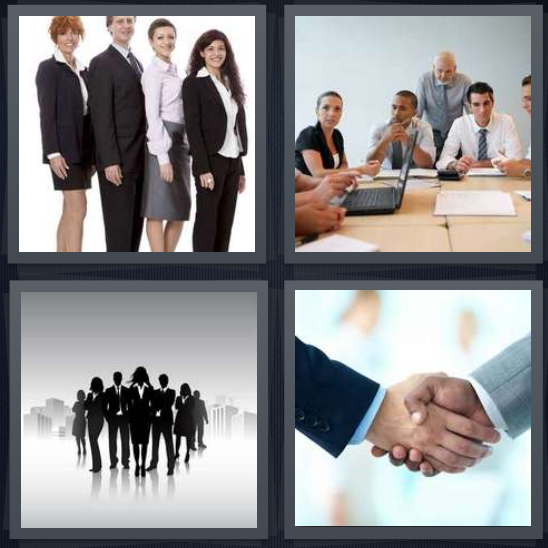 4 Pics 1 Word Answer 4 letters for lawyers, work meeting at table, team of employees, handshake