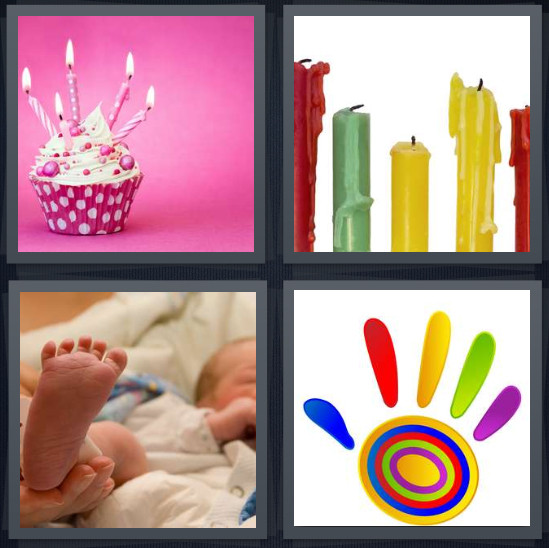 4 Pics 1 Word Answer 4 letters for cupcake with birthday candles, red green yellow candles, baby feet, cartoon palm