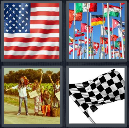 4 Pics 1 Word Answer 4 letters for American red white and blue, United Nations, hippies hitchhiking, checkered racing banner