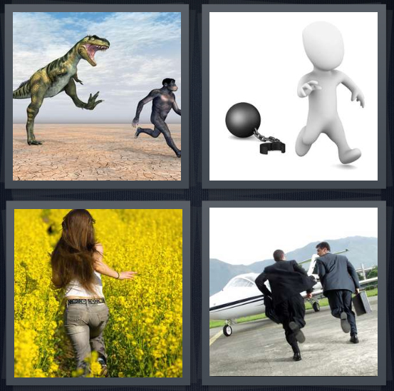 4 Pics 1 Word Answer 4 letters for dinosaur chasing ape, cartoon prisoner breaking free, woman running through field of flowers, men running to catch flight