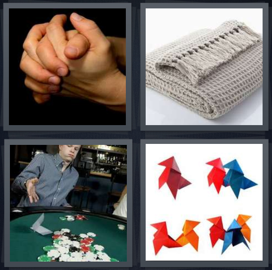 4 Pics 1 Word Answer 4 letters for clasped hands, scarf organized, poker player giving up, origami pieces