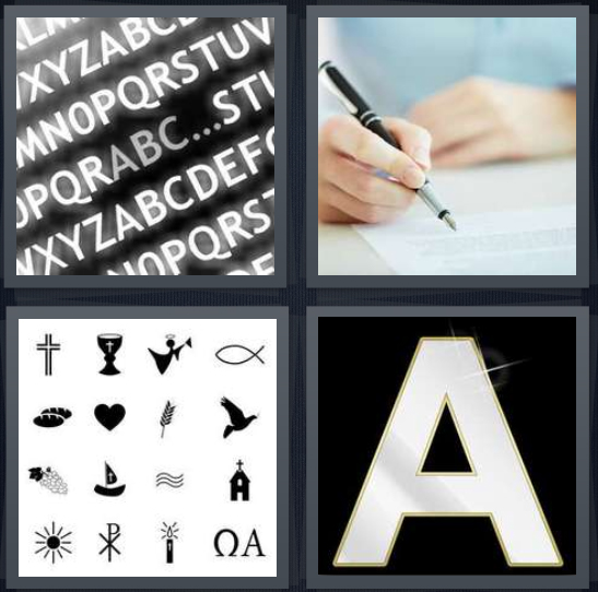 4 Pics 1 Word Answer 4 letters for alphabet on black and white, person writing with fountain pen, clip art in black and white, white letter A on black background