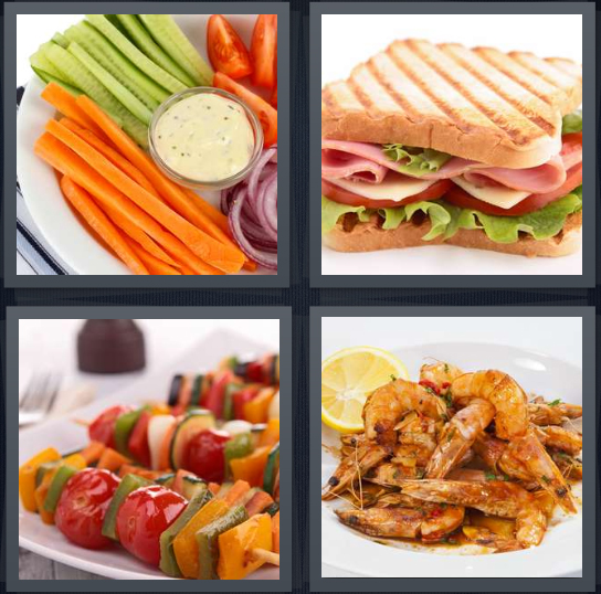 4 Pics 1 Word Answer 4 letters for carrot and celery crudite plate, ham sandwich with cheese, vegetable kebabs, shrimp