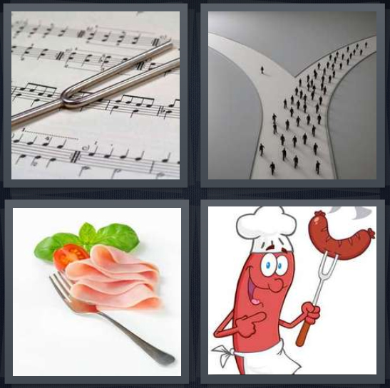 4 Pics 1 Word Answer 4 letters for tuner with music, road splitting, utensil with piece of ham, cartoon hot dot with hot dog on prongs