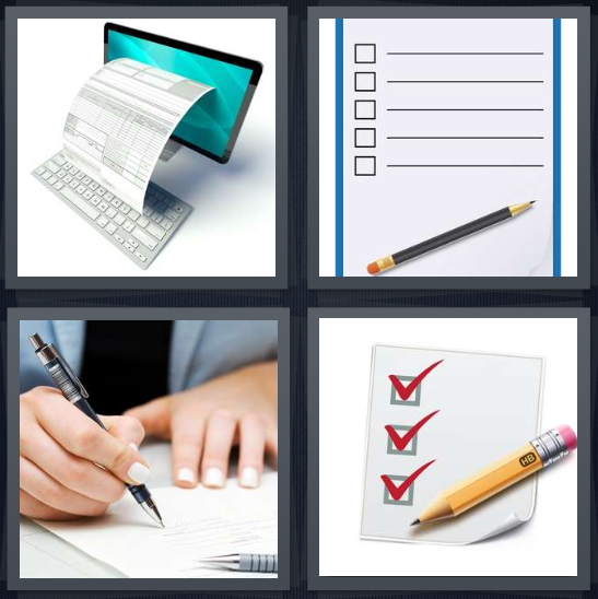 4 Pics 1 Word Answer 4 letters for fax coming through computer screen, list of things to do, man filling out paperwork, pencil next to checklist