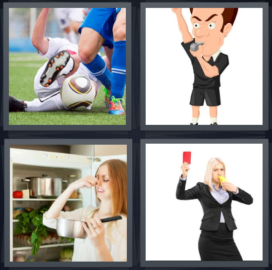 4 Pics 1 Word Answer 4 letters for players in game falling down, cartoon umpire, rotten food in fridge, woman in suit holding red flag