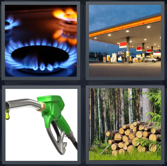 4 Pics 1 Word Answer 4 letters for burner with blue flame, gas station, pump for gas, firewood stacked in forest