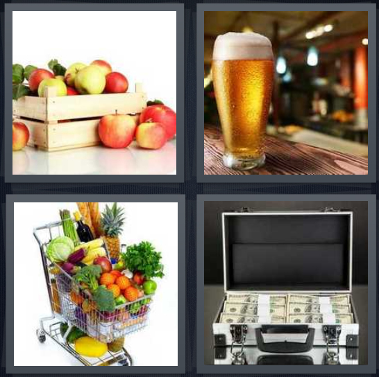 4 Pics 1 Word Answer 4 letters for crate overloaded with apples, beer with foam on top, grocery cart with vegetables, suitcase with money