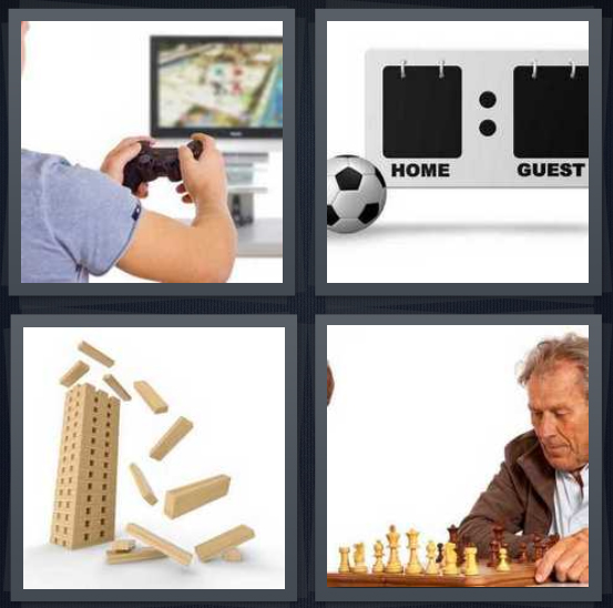 4 Pics 1 Word Answer 4 letters for man playing Nintendo, soccer score board, Jenga pieces falling, man looking at chess board